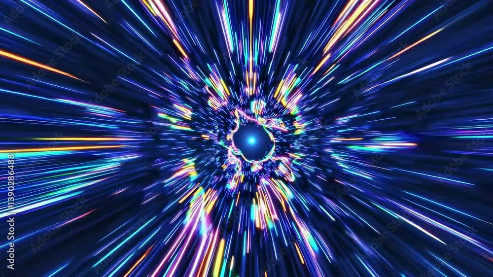 Poster colorful streaks of light are converging on a bright central point, creating the illusion of traveli