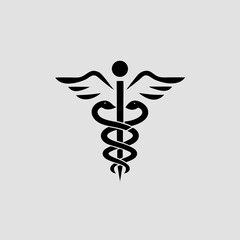 Black caduceus symbol with wings on a gray background