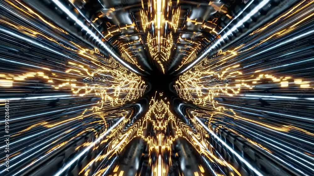 Poster golden and silver particles are flowing through a cyberspace tunnel, creating a mesmerizing spectacl