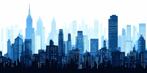 Urban Silhouette: Modern Cityscape Skyline with Skyscrapers and City Lights in Blue Tones