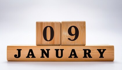 Minimalist photo of a wooden blocks with date 9 January. Day and month, calendar on white background