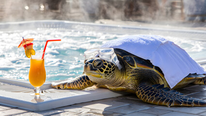 Turtle relaxing by the hot tub with a tropical drink and towel
