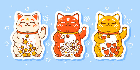 Set of cute сartoon maneki neko stickers - funny asian characters for Your kawaii design