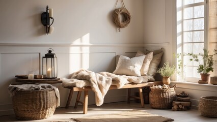Cozy living room with a wooden bench covered in a fur throw