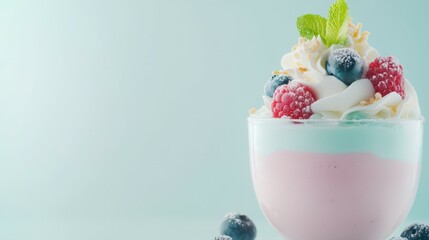 Delightful Frozen Dessert: A visually stunning frozen dessert, artfully crafted with layers of pink and blue cream, crowned with fresh berries, and delicate mint leaves.