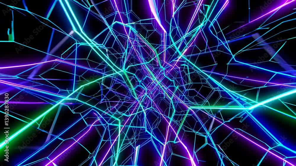 Poster futuristic neon plexus tunnel glowing with green and purple lights, creating a vibrant and dynamic d