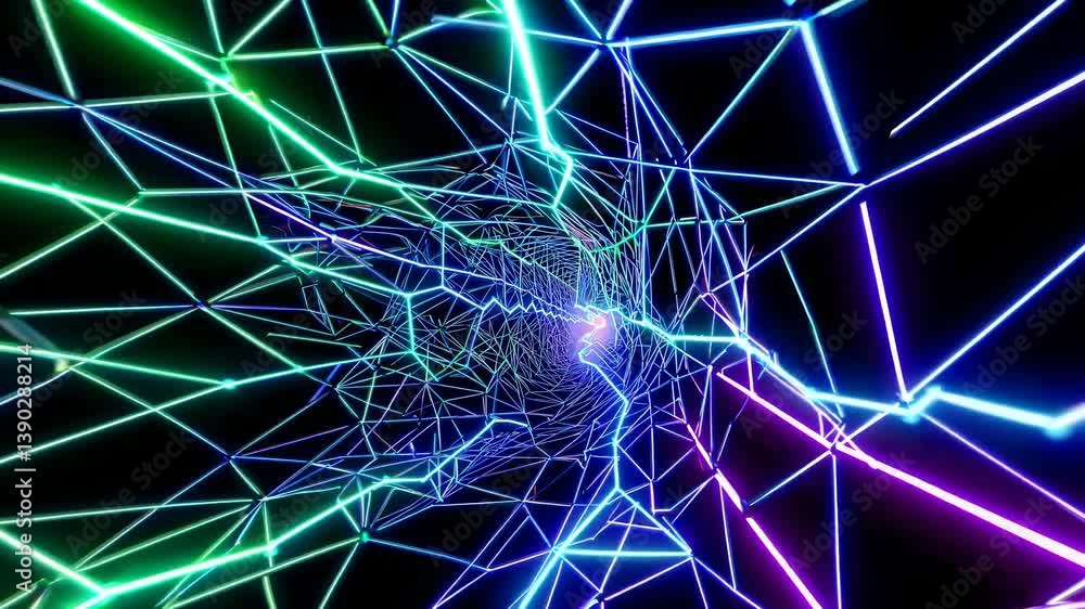 Poster bright neon lights creating a futuristic tunnel with a complex geometric pattern, generating a mesme