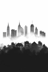 Fototapeta premium Urban Skyline Silhouette with Mist and Fog: An Artistic Black and White Cityscape