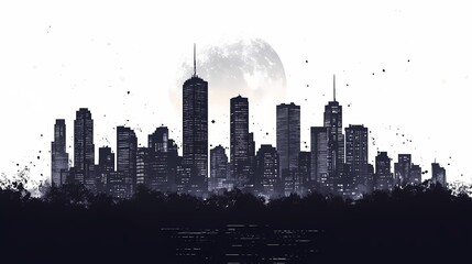 Urban Night Scene with Moonrise: Monochrome Digital Skyline Artwork