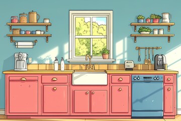 Modern Cartoon Kitchen Interior with Pink Cabinets and a Sunny Nature View in Flat Design
