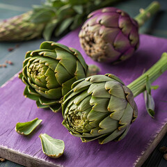 Fototapeta premium artichokes close up on a purple surface