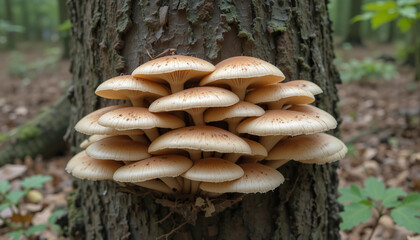 Mushroom Colony on a Tree Trunk: A close-up shot reveals a cluster of mushrooms growing on the side of a textured tree trunk, with their caps arrayed in a layered formation in a verdant forest scene.