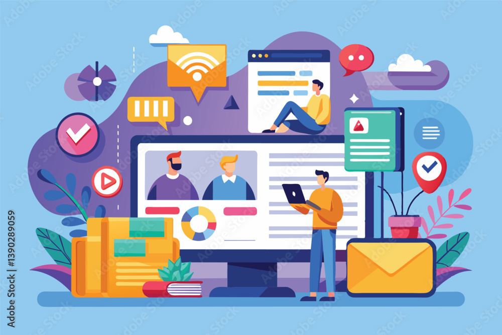 Poster illustration of a user attending an online meeting on a computer in a digital workplace with communi
