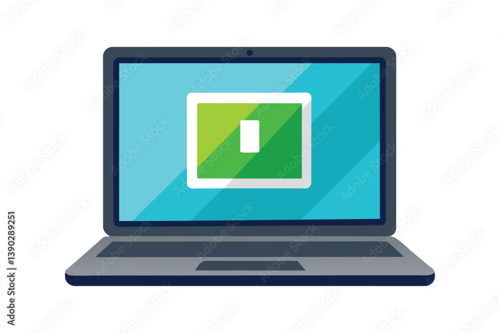 Poster illustration of a laptop computer screen displaying a large, green pause button icon. the icon is su