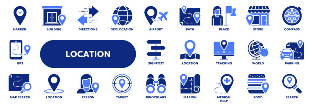 Set of vector line icons related to navigation and location, GPS positioning, travel and tourism. Symbols for website or app UI, logo design, illustration