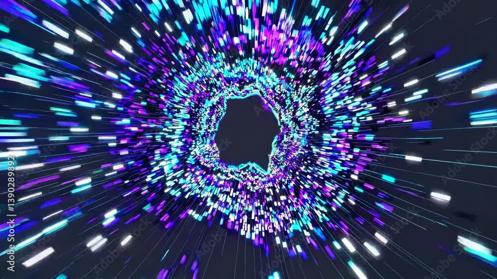 Poster vibrant neon streaks converge towards a central void, creating a mesmerizing spectacle of light and 