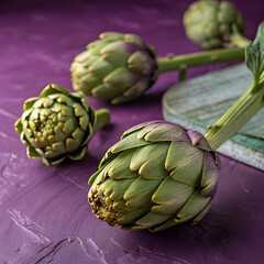 Fototapeta premium artichokes close up on a purple surface