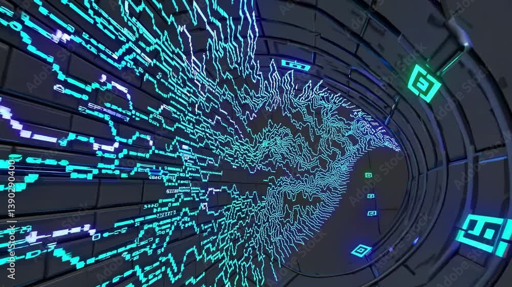 Poster turquoise digital information flows through futuristic metallic tunnel, creating a stunning visualiz