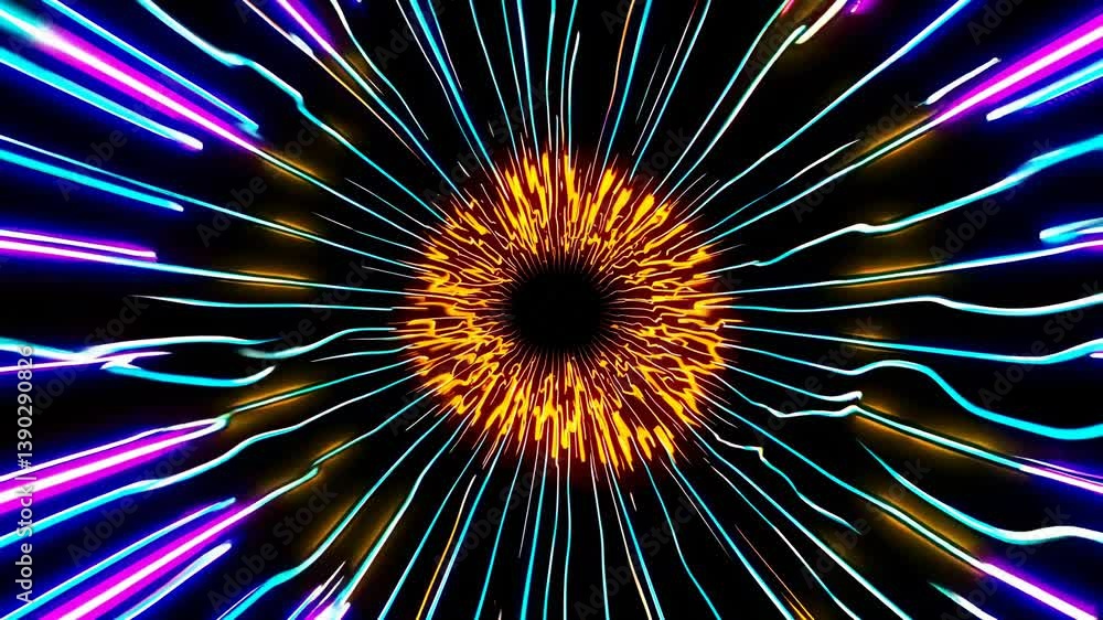 Poster colorful neon light streaks are converging into a dark circular vortex, creating a vibrant and dynam