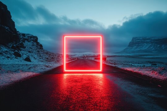 Neon Red Square in Front of Road with Nordic Sky and Mountain Landscape