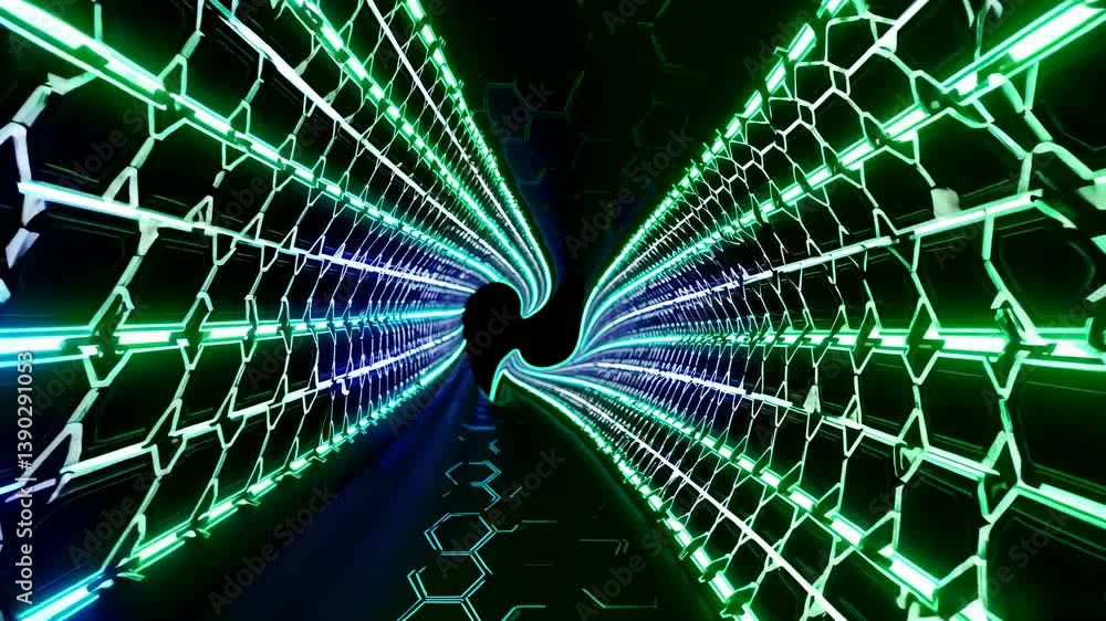 Poster futuristic neon green and blue glowing tunnel rotating with a hexagonal pattern and black center, cr