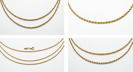 Elegant gold rope chain necklaces displayed against a pristine white backdrop