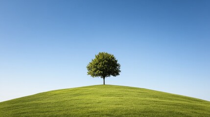 Obraz premium Lone tree stands on vibrant green hill beneath clear blue sky