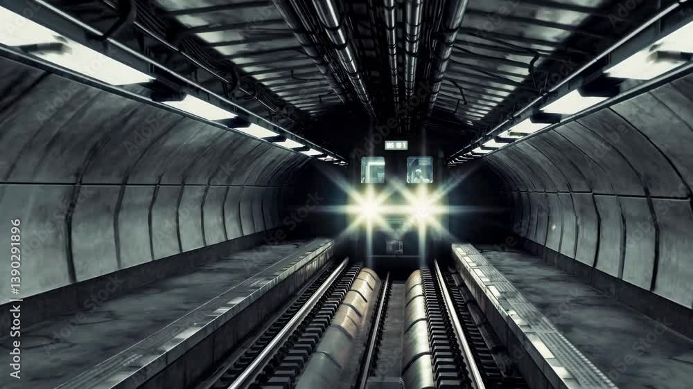 Poster subway tunnel stretching into darkness, featuring receding rails and illuminated by bright lights, c