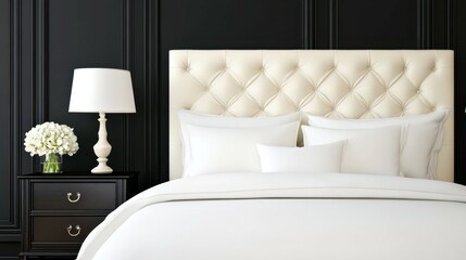 Serene Bedroom Sanctuary: This inviting bedroom, showcases an elegant cream-colored upholstered headboard, a crisp white bedspread, and a contrasting dark nightstand.