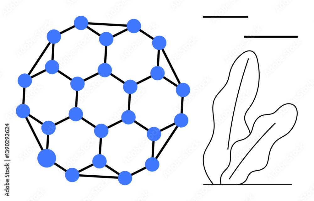 Poster molecular sphere with blue nodes forming hexagonal structure alongside abstract botanical drawing. i