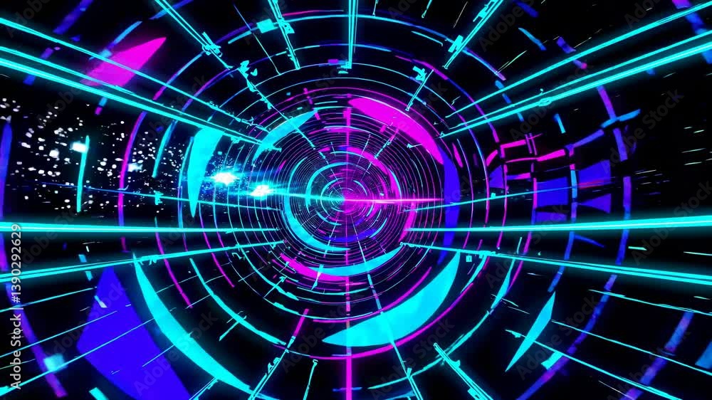 Poster glowing neon lines are forming a cyber tunnel with data flowing, creating a futuristic and technolog