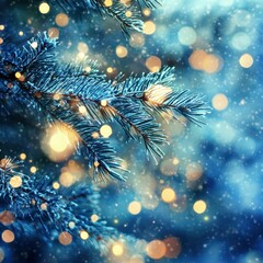 Winter Wonderland: The branches of a pine tree are delicately covered in a shimmering snow, and the soft lights glow in the blurry background, evoking the serenity of the holiday season.