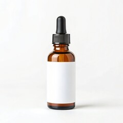 Fototapeta premium Amber Glass Dropper Bottle with Blank White Label Mockup Skincare Product Packaging