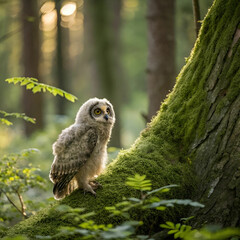 Fototapeta premium baby long eared owl owl in the wood sitting on tr