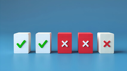 Correct vs Wrong Concept with Wooden Blocks on Blue Background