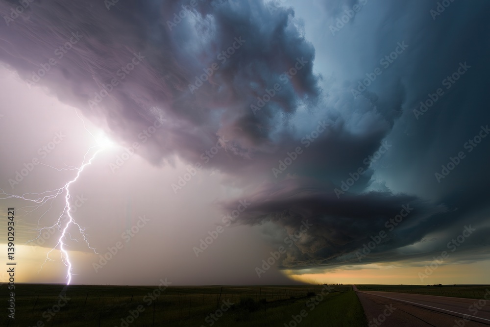 Poster  A dramatic sky filled with dark clouds and lightning strikes, creating an intense atmosphere.