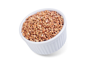 Green buckwheat in a bowl on a white isolated background