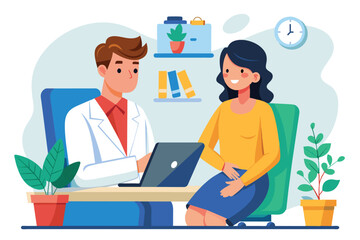 A doctor in a white coat sits at a desk, using a laptop to consult with a patient who sits across from him.