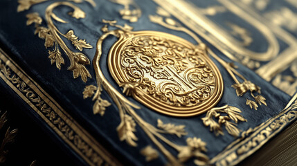 Macro shot of the Vatican Library seal embossed in gold on the cover of a rare volume.