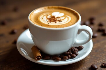 Fototapeta premium Delicious latte with beautiful froth art served on a wooden table alongside coffee beans and a cinnamon stick