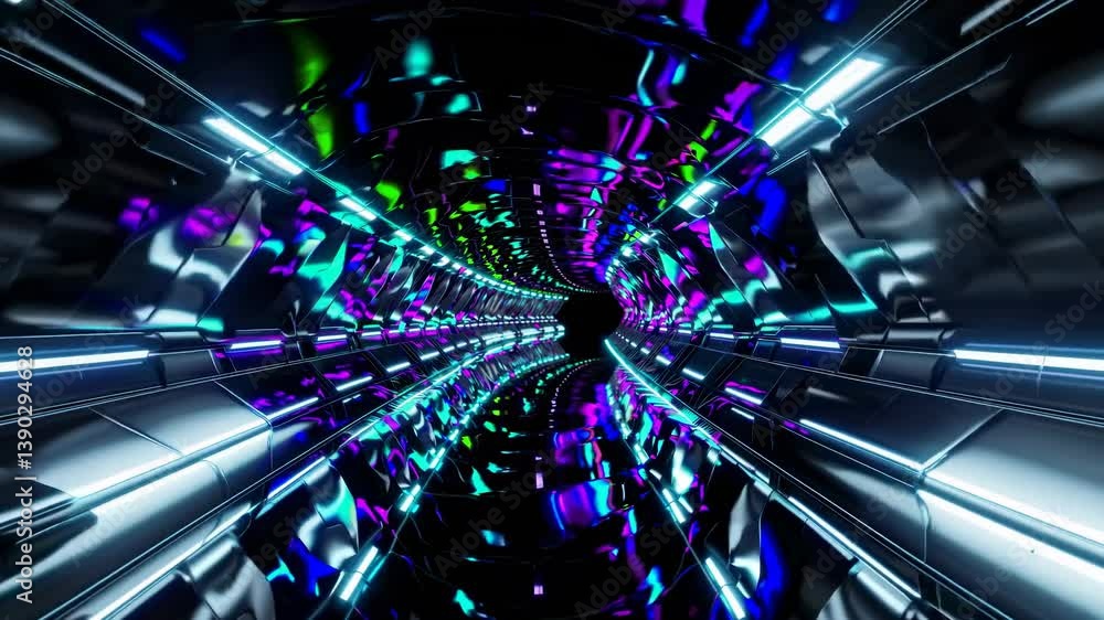 Poster glowing neon lights illuminate a futuristic metallic corridor, creating a mesmerizing spectacle of c