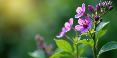 Purple flowers blooming on a herbaceous plant stem with lush green leaves, European flora,  purple,  leaves