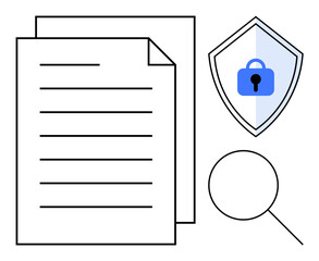 Document with lines, security shield with lock, magnifying glass. Ideal for data protection, privacy, cybersecurity, secure file storage, document management, information safety fraud prevention © robu_s