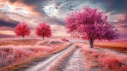 Dreamy pink landscape with flowering trees and path under a pastel sky
