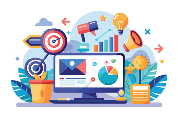 An illustration of a computer desktop with various digital marketing elements, including targets, charts, a megaphone, and a lightbulb.