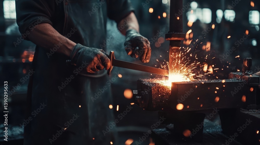 Poster a blacksmith uses a tool creating sparks in the forge