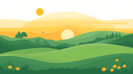 Sunset over rolling green hills and yellow flowers.