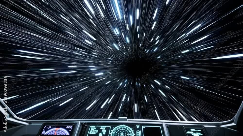 Poster view from inside spaceship cockpit entering hyperspace with warp speed effect, showing trails of bri