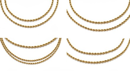 Elegant Arrangement of Gold Rope Chain Necklaces on Pristine White Backdrop