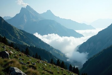 Majestic misty mountain landscape with towering peaks and rolling fog,  twilight,  destination